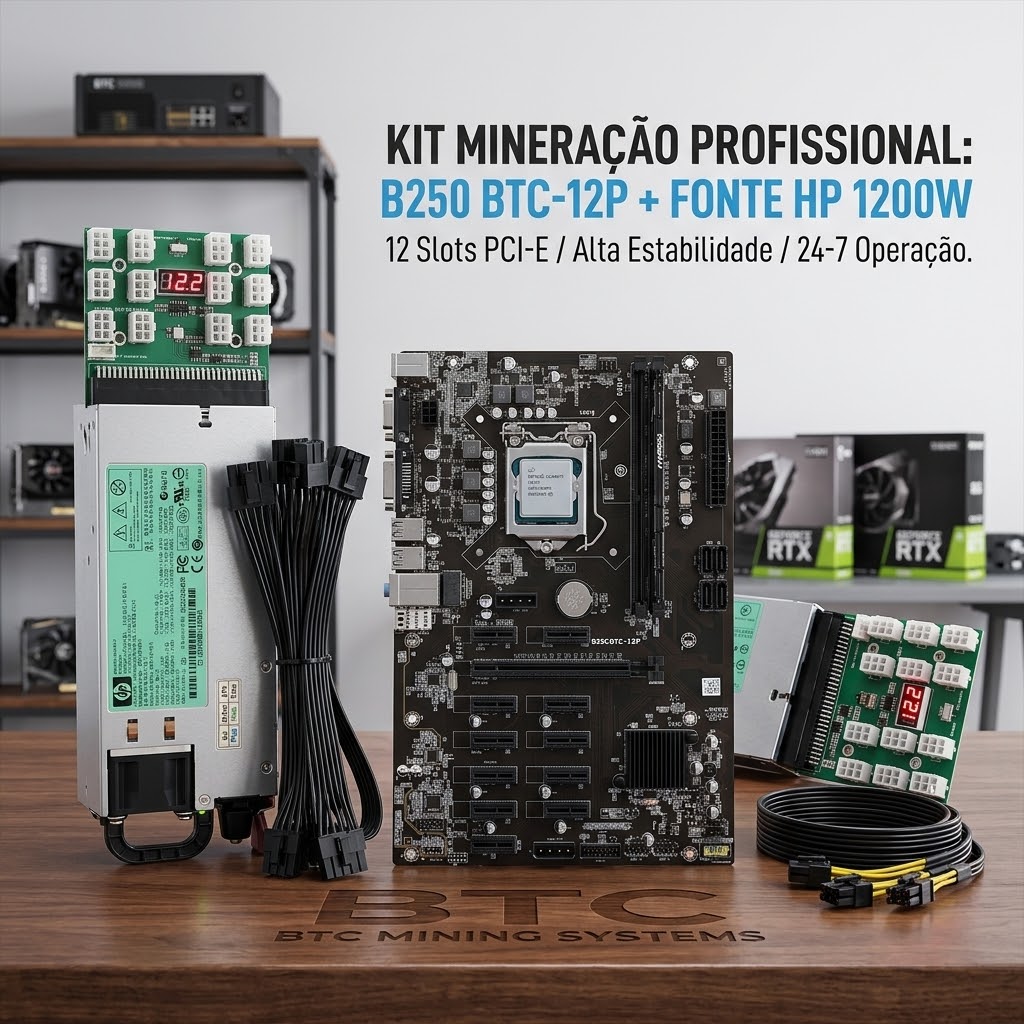 Kit Mineração Profissional: Placa-Mãe B250 BTC-12P + Fonte HP 1200W + Breakout Board
